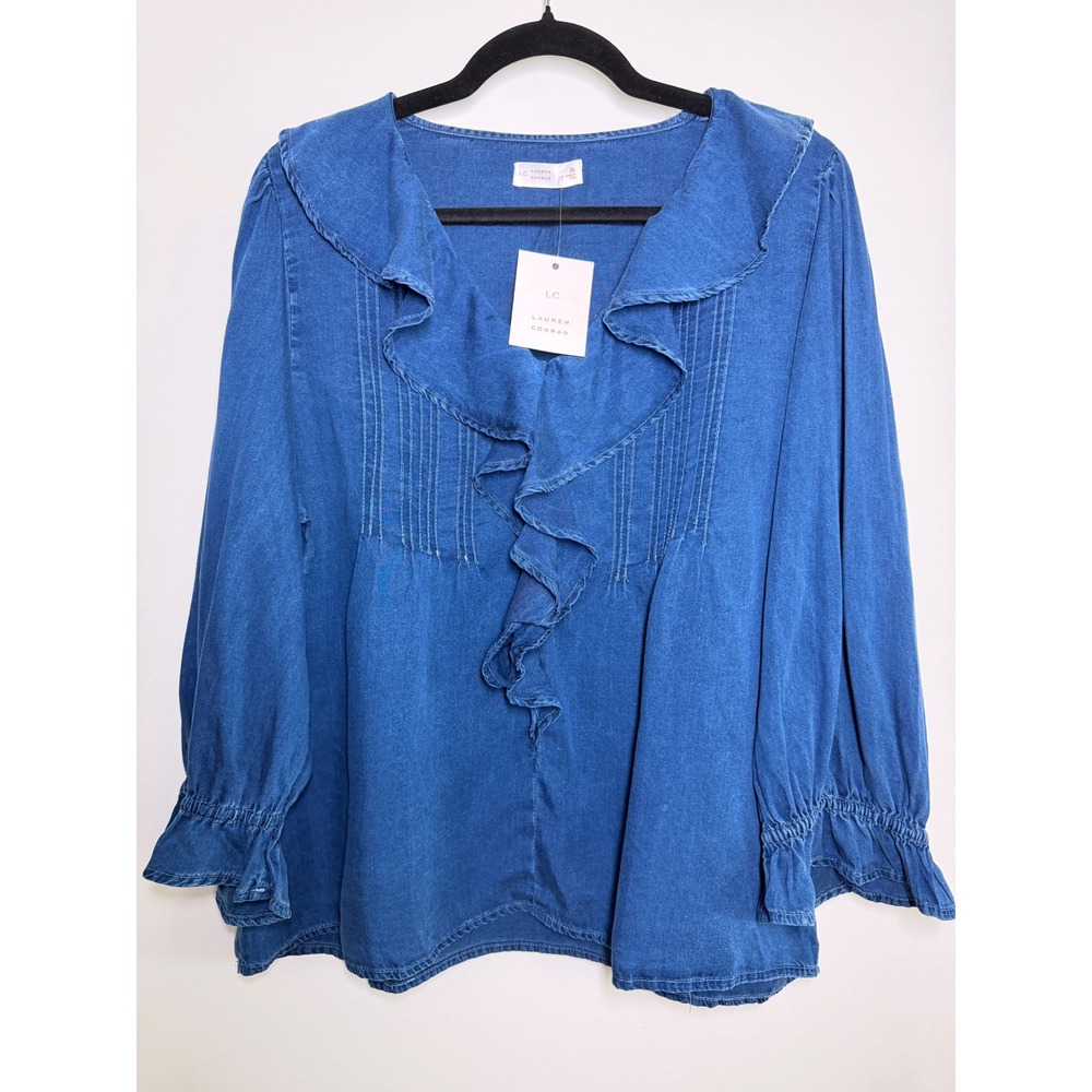 Lauren Conrad Blouse Women XL Blue NWT Ruffle Pintuck Lyocell Denim Top